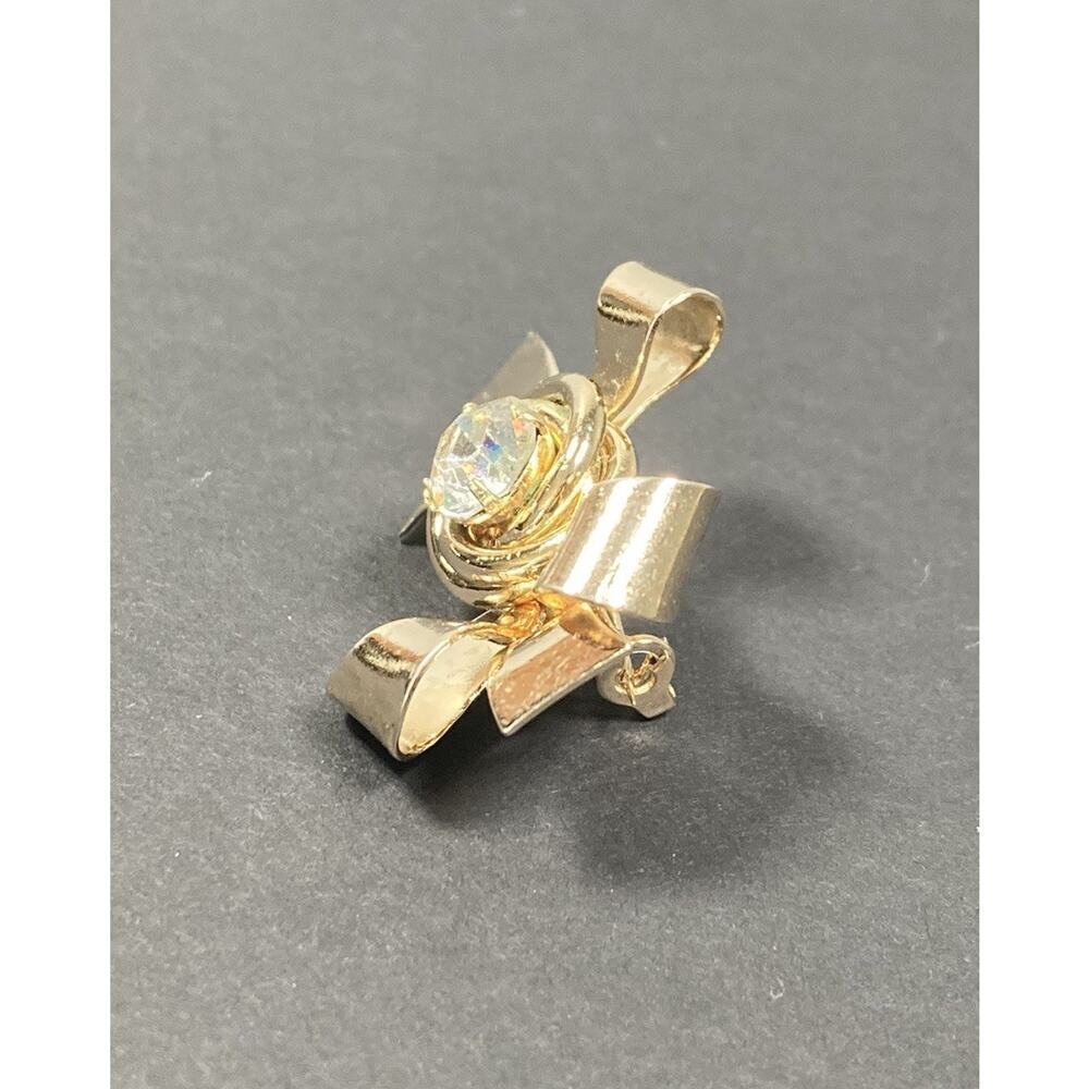 Vintage Coro Flower and Bow Brooch Gold Tone Clear Crystal Center Signed - Picture 6 of 10